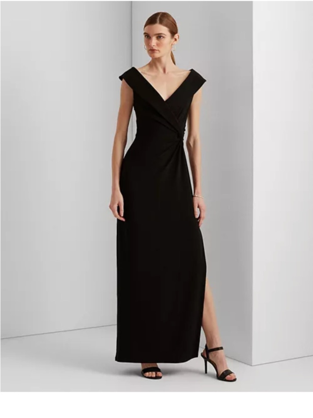 Lauren Ralph Lauren Black Sleeveless Wrap Maxi Gown with Side Knot